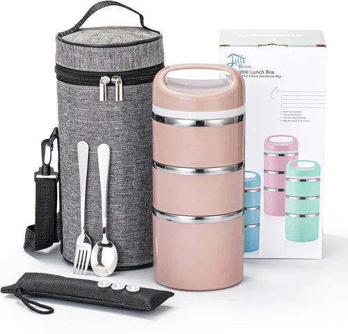 Miniatura 7 de Lille Home Contenedores de Almuerzo Apilables de Acero Inoxidable, Capacidad de 43OZ 3 Capas Caja Bento a Prueba de Fugas para Adultos, Lonchera