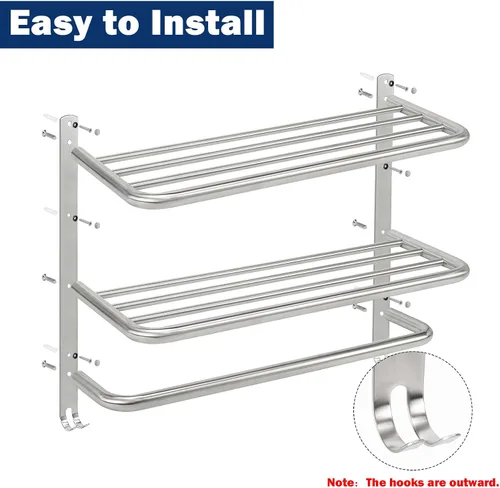 Miniatura 6 de NearMoon Toallero de baño, toallero de 3 niveles con ganchos, colgador de toallas de acero inoxidable SUS304, almacenamiento de toallas montado