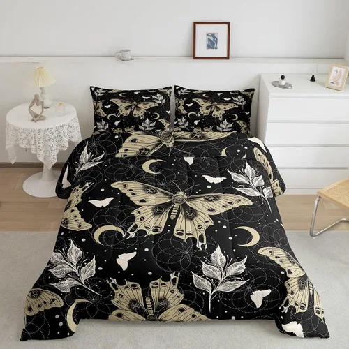 Miniatura 23 de Erosebridal Juego de ropa de cama de calavera gótica, flores mandala, mariposa hippie para niñas y niños, edredón de esqueleto de la muerte de Negro
