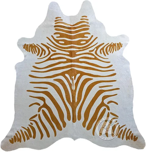 Sunshine Cowhides Alfombra de piel de vaca 100% genuina con estampado de cebra, color beige sobre blanco roto, alfombra de estilo moderno para sala