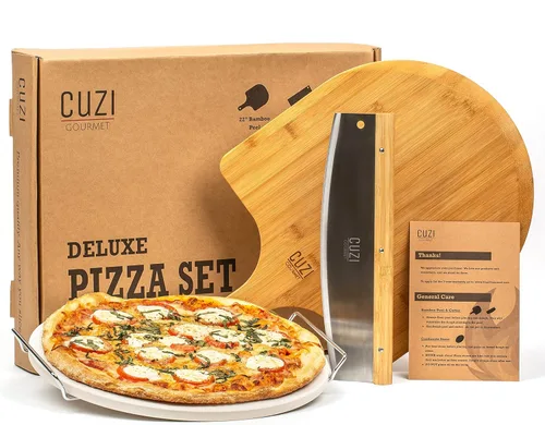 Miniatura 9 de Juego de piedra para pizza de 3 piezas - Piedra para pizza de cordierita resistente a golpes térmicos de 15x12", pala para pizza de madera natural