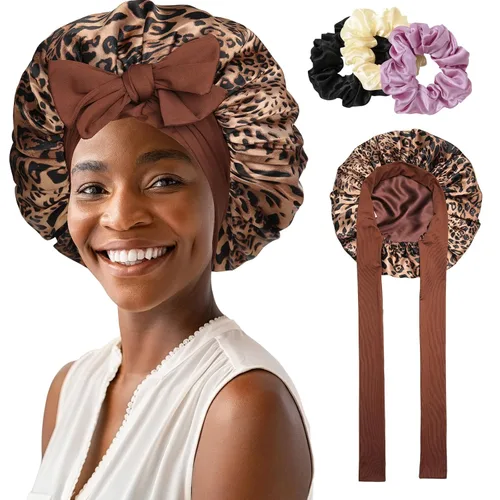 Miniatura 18 de Gorro de satén para mujer, con banda de amarre para el cabello, para dormir, grande de 2 capas, gorro de dormir de seda para dormir con 3 coleteros