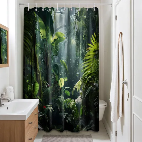 Miniatura 15 de Cortina de ducha verde de selva naturaleza bosque selva tropical paisaje planta tropical decoración de baño, tela impermeable con ganchos, 36x72