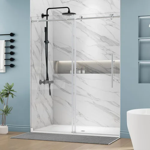Miniatura 19 de DELAVIN Puerta de regadera sin marco de 56-60 pulgadas, puerta de regadera corredera para baño, vidrio templado transparente de 5/16 pulgadas (8mm)