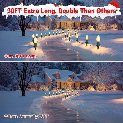 Miniatura 7 de USOKYO 20 bombillas LED C9 de 30 pies, luces LED de Navidad para exteriores, bombillas LED blancas cálidas, impermeables, conectables, luces