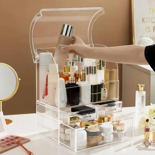 Miniatura 4 de Organizador de maquillaje acrílico grande transparente con tapa, cajones de almacenamiento de cosméticos, organizadores de maquillaje portátiles