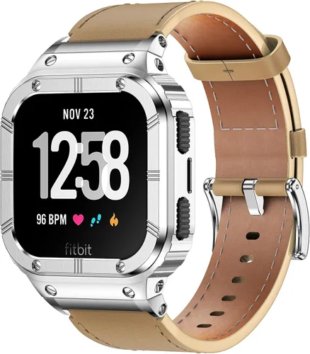 Miniatura 10 de BAITEYOU Leather Bands with Stainless Steel Case Compatible with Fitbit Versa 1 2 3 4 Lite Sense 2 1 Protective case for men