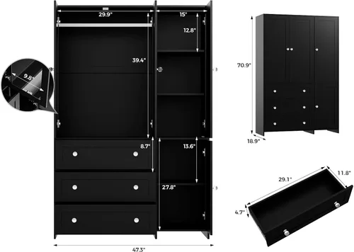Miniatura 2 de VOWNER Armario clóset con cajones y espejo, gabinete de almacenamiento de ropa de 71" con barra para colgar, armario de madera de 4 puertas