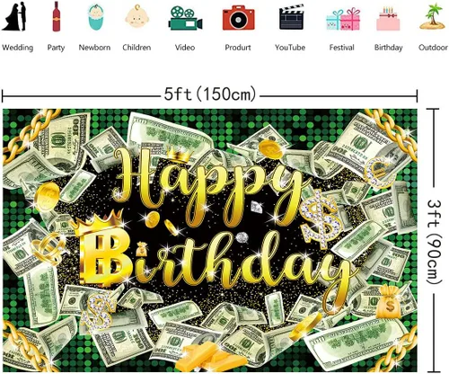 Miniatura 5 de Fondo de cumpleaños de 5 x 3 pies para fiesta de dinero, fondo de billetes de dólar, telón de fondo de hip hop, para niños, niñas y hombres