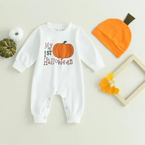 Miniatura 2 de Ynibbim Mameluco de Halloween para bebé niño con estampado de calabaza a cuadros de manga larga y gorro conjunto para bebé