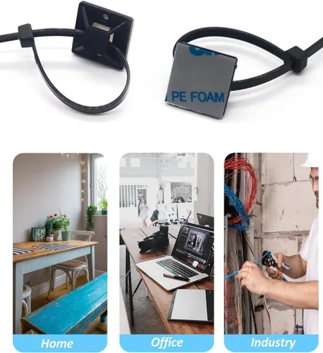 Miniatura 4 de Kit de soportes de cable con pegamento trasero autoadhesivo fuerte - 100 piezas de clips de gestión de cables con bridas de 6 pulgadas, soportes