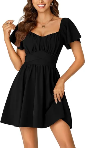 Rooscier Minivestido acampanado de manga corta con volantes, cuello cuadrado, envolvente y espalda anudada para mujer