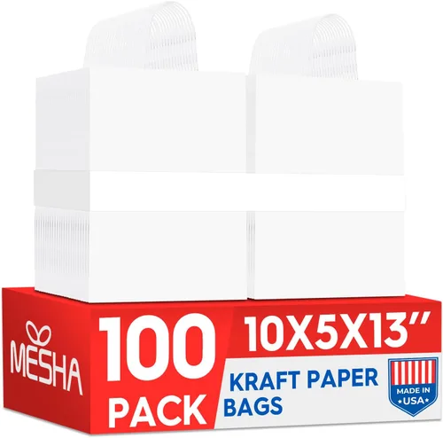 MESHA Bolsas de papel de regalo blancas de 10 x 5 x 13 pulgadas, 100 bolsas de regalo medianas con asas a granel, bolsas de papel kraft blancas para