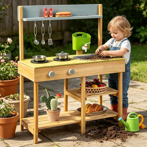 Miniatura 3 de HONEY JOY Cocina de barro, cocina de madera de abeto para niños, mesa de barro, agua corriente, fregadero extraíble, juego de cocina para niños al