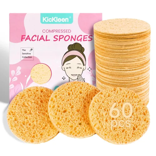 60 esponjas faciales comprimidas, esponjas cosméticas de spa de celulosa kickleen 100% naturales para limpieza facial diaria, maquillaje y Amarillo
