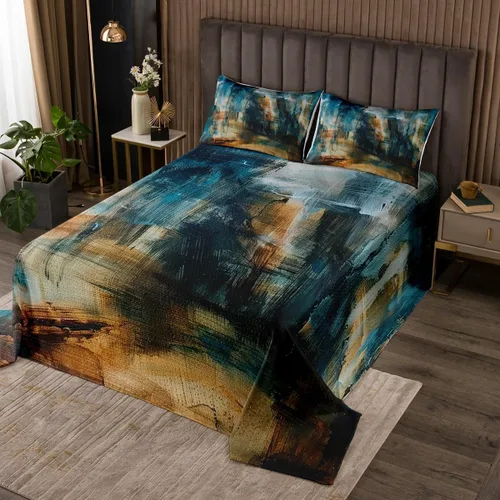 Miniatura 10 de Erosebridal Juego de edredón de teñido anudado marrón, juego de colcha verde degradado para niños, juego de ropa de cama abstracta grunge acuarela