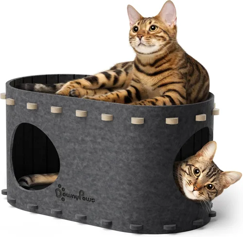 Miniatura 16 de DownyPaws Casa para Gatos de Interior, Cama Cueva para Gatos Plegable de 2 Pisos, Cama Túnel de Fieltro para Gatos Condominio, Cubo Escondite