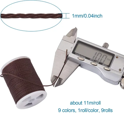 Miniatura 2 de KISSITTY 9 rollos de cuerda trenzada de poliéster encerado, 9 colores, de 0.039 in, de cuero encerado, hilo de coser trenzado con carrete