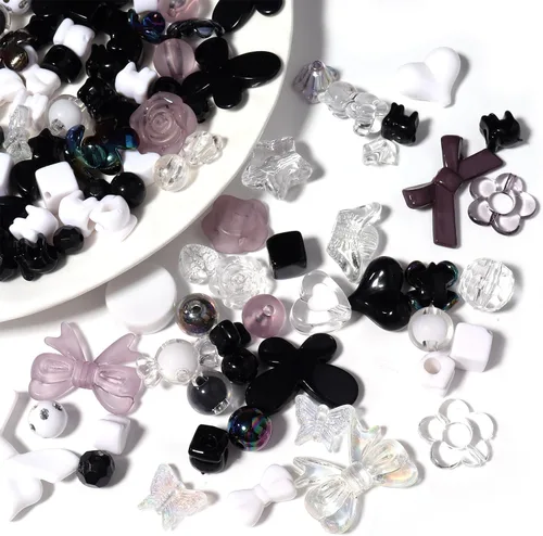 Forise - 120 cuentas acrílicas negras surtidas de estilo mixto, cuentas de plástico de colores pastel en forma de flor para hacer joyería DIY,