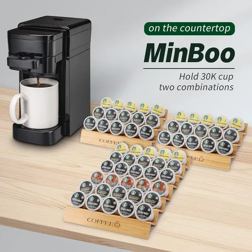 Miniatura 4 de MinBoo Organizador de bambú de 2 piezas con forma de escalón para K-Cup para cajón o encimera para estación de café, capacidad para 30 cápsulas