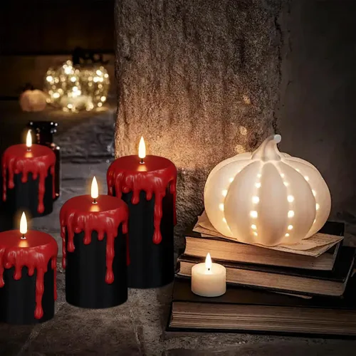 Miniatura 5 de Wondise Velas de Halloween sin llama con temporizador de 6 horas, velas LED negras de cera real que gotean a pilas, mecha 3D, parpadeante