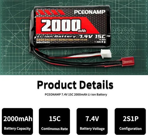 Miniatura 6 de Batería de iones de litio de 7.4V 2000mAh 2S con enchufe T, batería recargable RC compatible con autos RC 4WD de alta velocidad y la mayoría