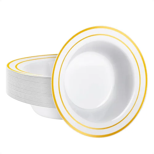 Miniatura 19 de Goodluck Paquete de 50 cuencos de plástico con borde rojo, cuencos de sopa desechables de 12 onzas, cuencos de postre resistentes para bodas