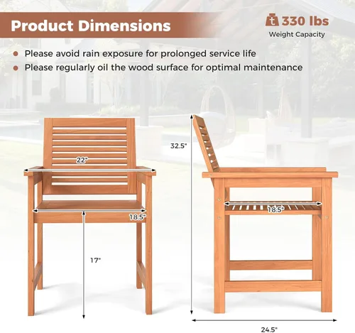 Miniatura 3 de Tangkula Juego de 2 sillas de comedor de madera para patio, sillas de comedor de madera para exteriores con respaldo alto y asiento de listones
