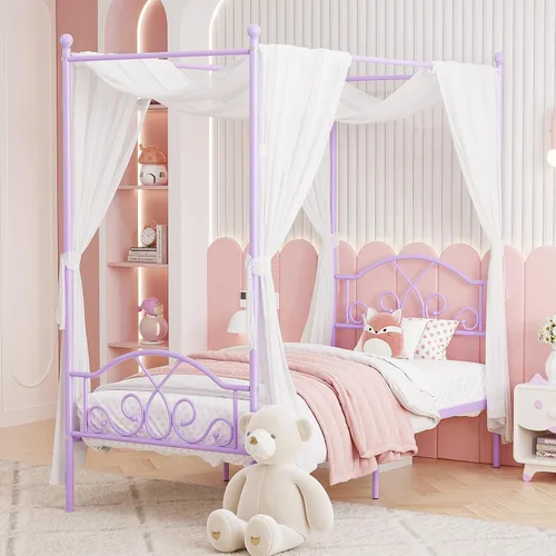 Miniatura 9 de Weehom - Estructura de cama con dosel individual, con cabecero y pie de cama, cortinas de cuatro postes de metal, diseño de plataforma de cama