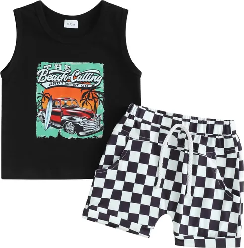 Miniatura 10 de Ropa de bebé niño sin mangas + pantalones cortos con estampado a rayas con bolsillos, 2 piezas de trajes de verano
