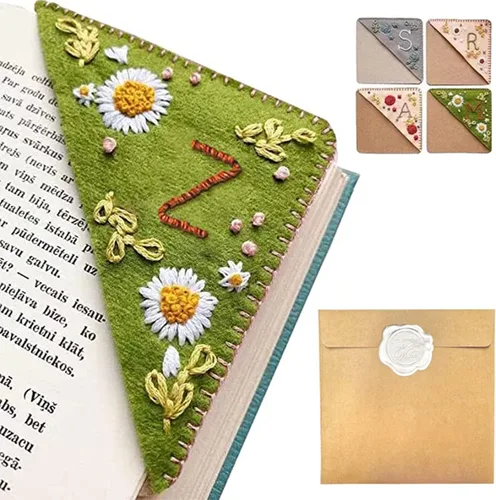 Miniatura 43 de Marcapáginas de esquina bordado a mano personalizado, 26 letras con costura a mano de fieltro, marcapáginas de esquina con bordado de flores lindo