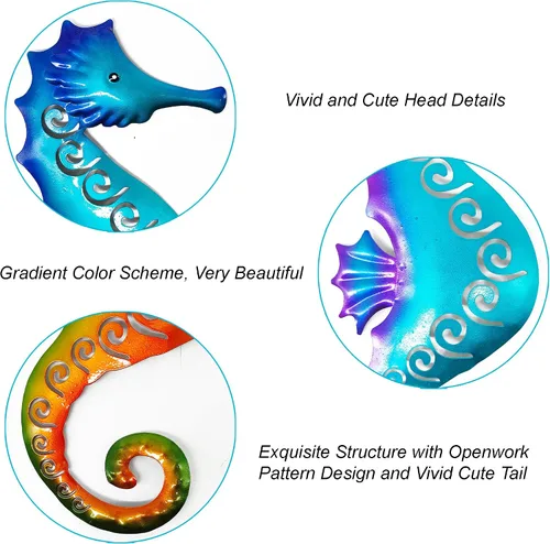 Miniatura 4 de POXOH - Juego de 3 decoraciones de pared de caballito de mar de metal, temática costera del océano de vida marina para interiores y exteriores, arte