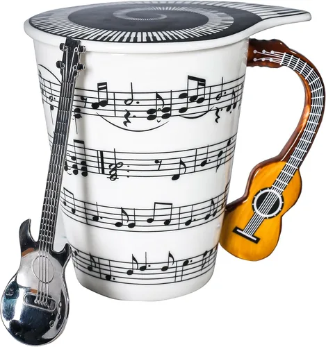 Taza de Novedad de Guitarra Única Regalo Musical Taza de Café con Interesante Tapa Temática de Música y Diseño de Mango de Guitarra y Cuchara de