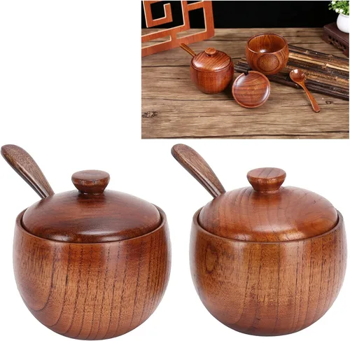 Miniatura 2 de Paquete de 2 tarros de condimentos japoneses, tarros de especias de madera maciza con tapa y cuchara, contenedor de madera de azufaifo, madera