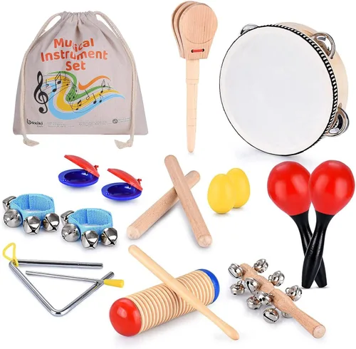 Juego de instrumentos musicales de madera para niños pequeños de 1 a 3 años, kit de percusión para niños de 16 piezas con pandereta, maracas,