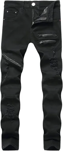 Glstbv Pantalones de mezclilla ajustados de hip hop con agujeros rasgados para hombre, elásticos, ajustados y desgastados