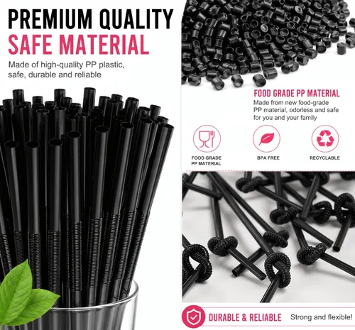 Miniatura 3 de ALINK 200 popotes de plástico flexibles negros, de 10.23 pulgadas de largo que se estiran a 13 pulgadas, popotes flexibles desechables de 0.24