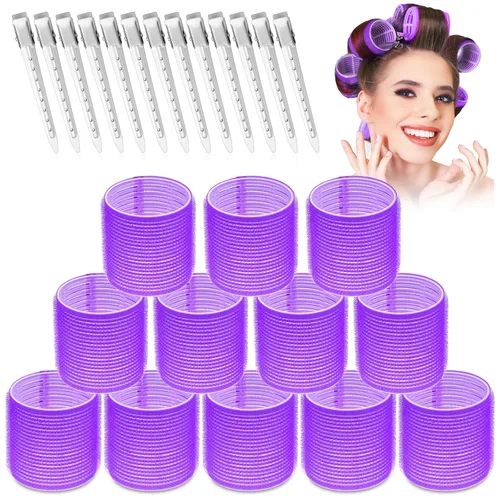 Juego de rizadores de pelo jumbo – 24 piezas con 12 rodillos grandes y 12 clips para añadir volumen a cabello largo y grueso (morado)