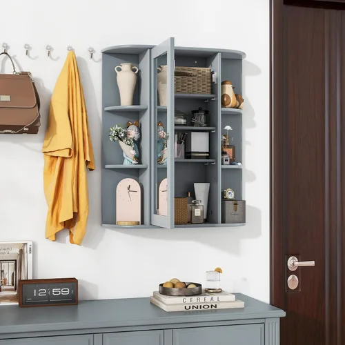 Miniatura 9 de Tangkula Botiquín de baño, armario de almacenamiento montado en la pared con puerta de espejo, extraíble y 3 estantes ajustables, armario de espejo
