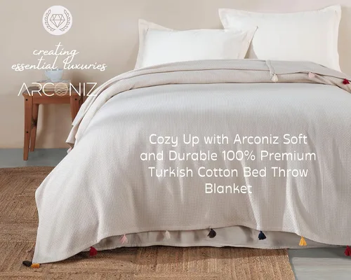 Miniatura 3 de Manta 100% algodón, suave, lisa y duradera, para sofá, cama, estilo piqué con decoración de pompones, mantas de algodón tamaño Queen, ideal