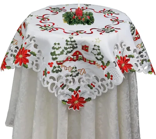 Miniatura 3 de Creative Linens Juego de 4 manteles individuales bordados de Navidad de 11 x 17 pulgadas, diseño de flor de pascua roja con árbol de Navidad