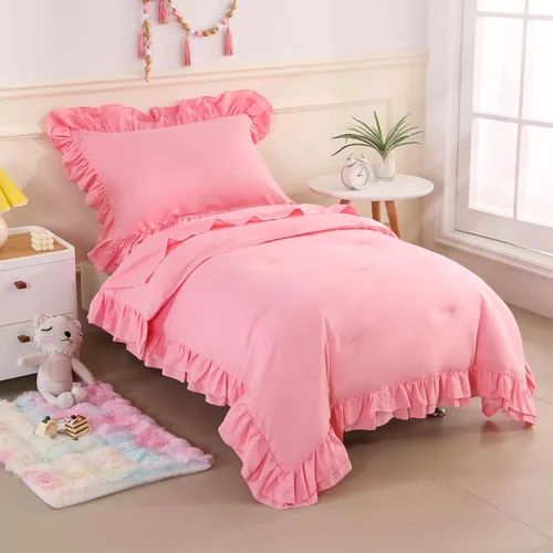Miniatura 2 de Juego de ropa de cama para niñas pequeñas, 4 piezas con volantes dobles, suave y transpirable, juego de ropa de cama para cuna, incluye edredón Rosa