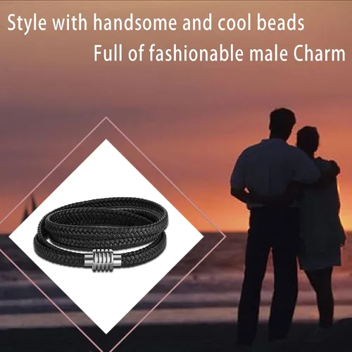 Miniatura 4 de Pulsera de cuero para hombre, pulsera trenzada negra de acero inoxidable, pulsera ajustable de protección multicapa para mujer