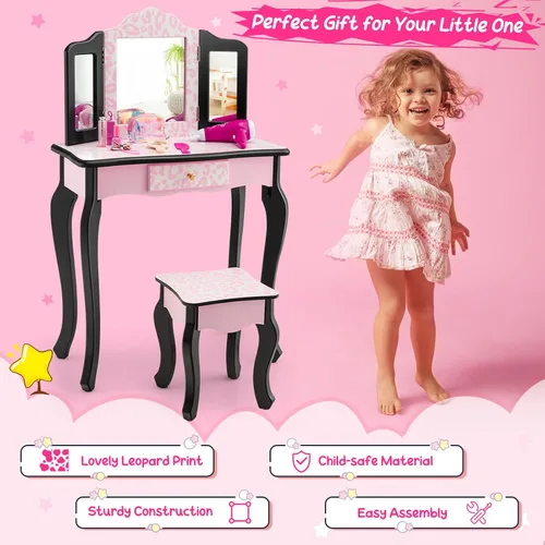 Miniatura 7 de Costzon Juego de mesa y silla para niños, juego de tocador para niñas con espejo y taburete, cajón de almacenamiento, tocador de maquillaje