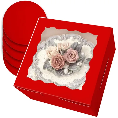 Miniatura 15 de qiqee 10x10x5 Caja para pasteles, 18 juegos de cajas para pasteles negras con ventana y 18 juegos de bases redondas negras de 10 pulgadas