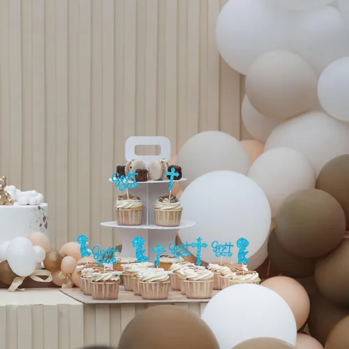Miniatura 8 de Gyufise 24 piezas de decoración de cupcakes con purpurina azul que Dios bendiga y cruz, decoración de pastel para baby shower, bautismo, fiesta
