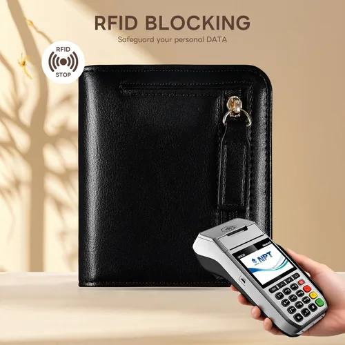 Miniatura 4 de Cartera pequeña para mujer, con bloqueo RFID, de cuero, plegable, compacta, tarjetero para mujer, con cremallera, bolsillo para monedas, ventana