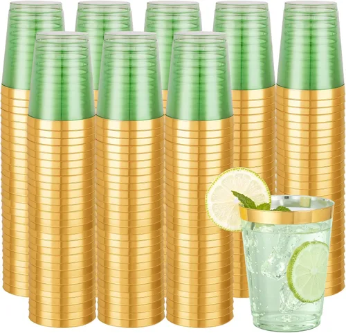 Miniatura 17 de Supernal 100 piezas de vasos de plástico azules, vasos desechables transparentes azules claros de 10 onzas con borde dorado, vasos de plástico