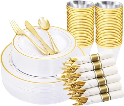 Miniatura 15 de WELLIFE 350 platos de plástico dorado transparente, 100 platos desechables, 150 cubiertos de plástico, 50 tazas, 50 servilletas para bodas y fiestas