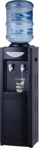Dispensador de enfriador de agua caliente/fría de carga superior de 5 galones con cerradura de seguridad para niños y gabinete de almacenamiento,
